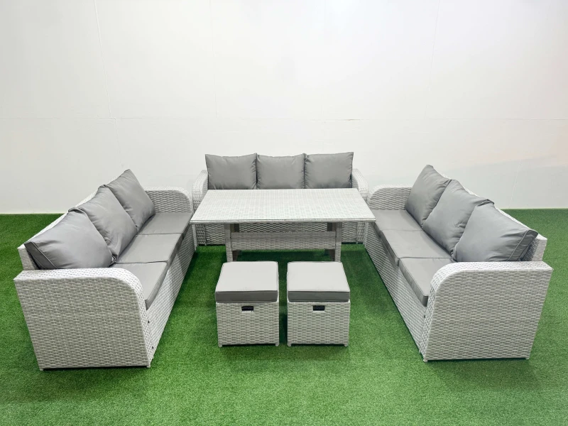 Image of Fimous PE Rattan Lounge Sofa Set 11 Seater Outdoor Garden Furniture Set with Rectangular Dining Table 3 Seater Sofa 2 Stools Light Grey Light Grey