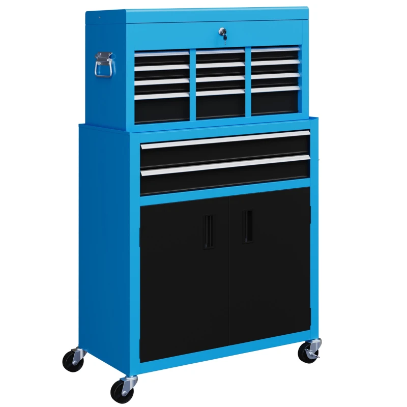 Image of HOMCOM Top Chest and Roller Cabinet Combo Metal Tool Cabinet on Wheels Blue - Homcom 5056725589004