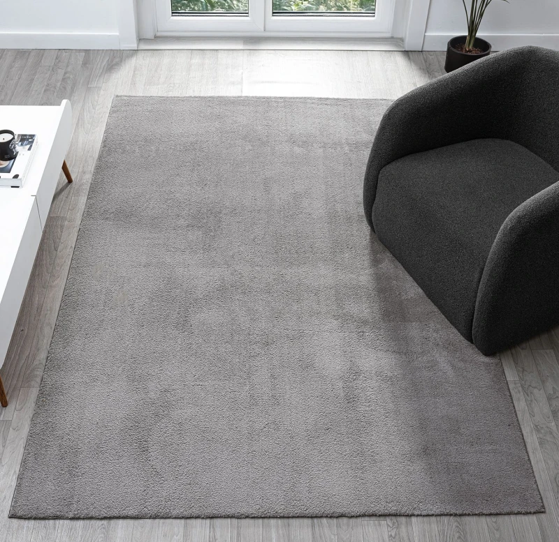 Image of Comfy Washable Low Pile Living Room Area Rug - Anti Slip Felt Backing Dark Grey 160Cm X 220Cm