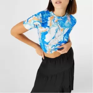 Image of I Saw It First Marble Print Cropped T Shirt - Blue