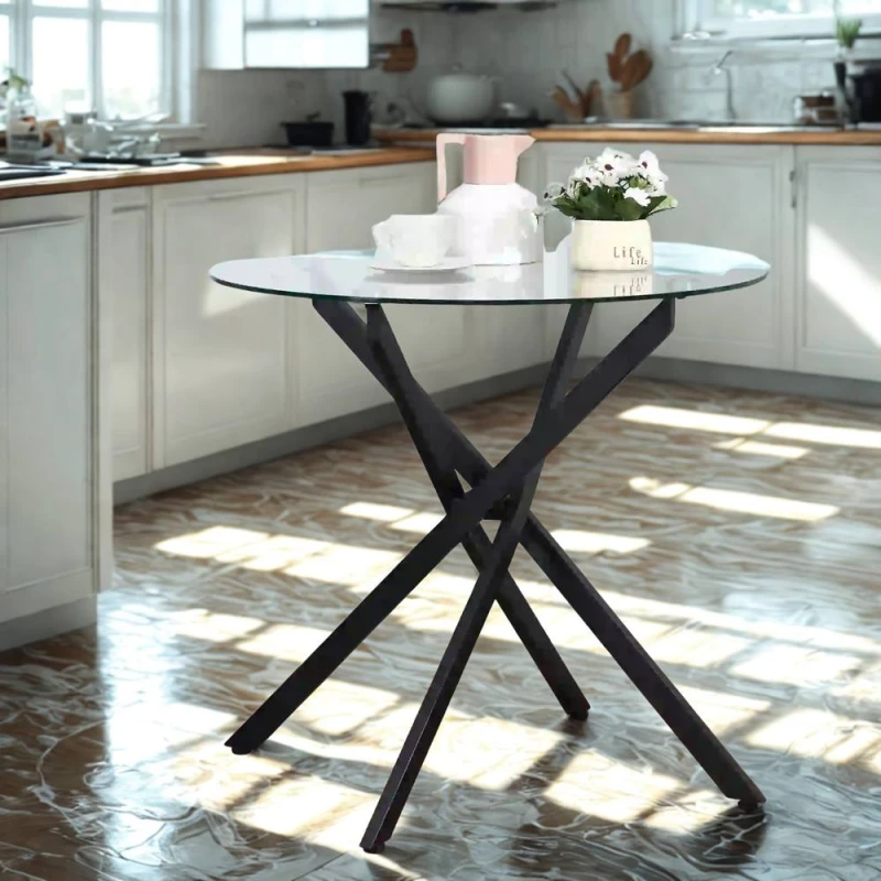 Image of FURNOS Industrial Tempered Glass Round Coffee Table Black Unisex