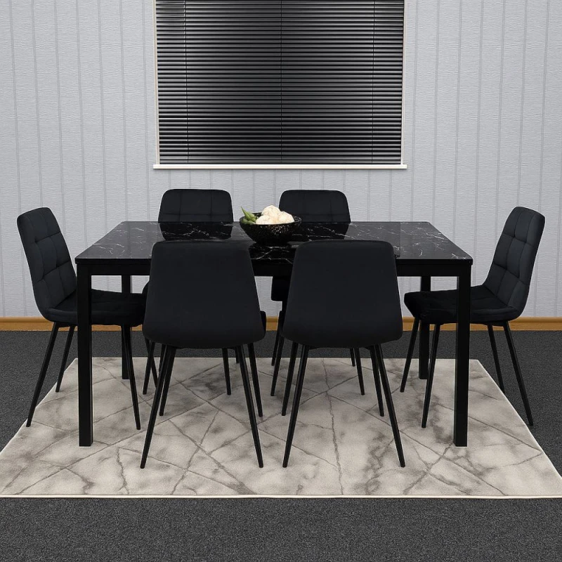 Image of Kosy Koala Black Glass Marble Effect Dining Table Set With 6 Black Velvet Chairs