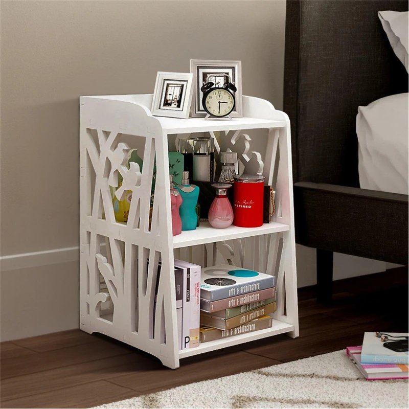 Image of Cottonfy UK 3-Tier Carved Wooden Bedside Table - White White M