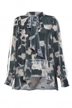 Image of French Connection Brigitte Velvet Tie Neck Flared Top Blue