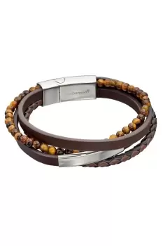 Image of Multi Row Recycled Brown Leather Steel ID Bar & Tigers Eye Bead Bracelet 23cm