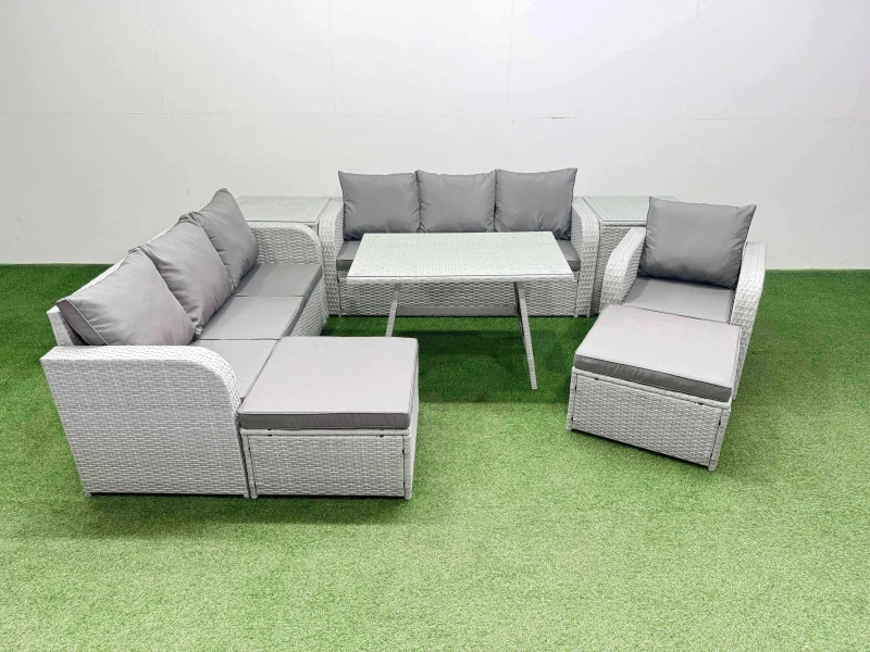 Image of Fimous 8 Pieces Outdoor Rattan Garden Furniture with Side Tables Big Stools in Light Grey Light Grey Unisex