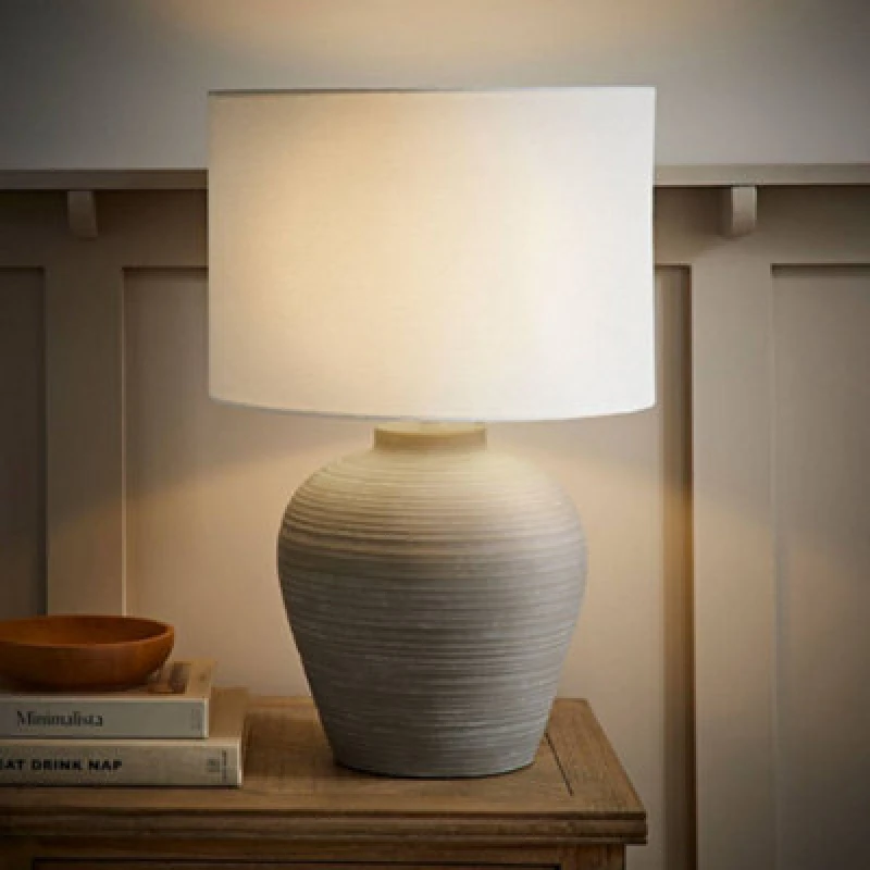 Image of ValueLights ValueLights Reid Linen Drum Lamp Shade Stone Grey Ribbed Ceramic Table Lamp Size: Large Grey Large Unisex 5016529271918