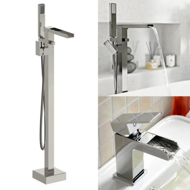 Image of Origin Freestanding Waterfall Bath Shower Tap, Basin Mixer Tap & Waste Chrome