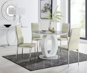 Image of Giovani Round 4 Seat 100cm White High Gloss Halo Base Grey Glass Top Dining Table 4 Soft Velvet Silver Leg Milan Chairs