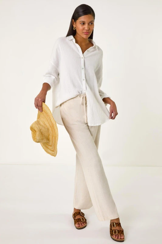 Image of Roman Womens Full Length Linen Trousers in Stone Size: 18 Stone Female 18