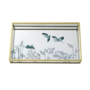 Image of Mirrored Glass Tray in Gold with Oriental Heron Design