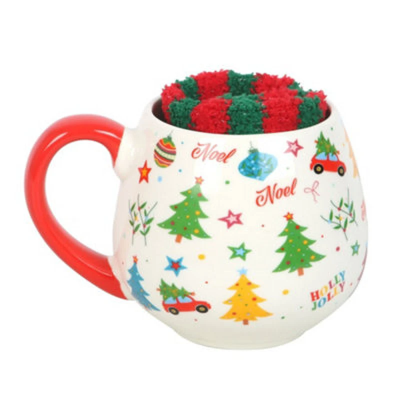 Image of Something Different Something Different Nostalgic Print Christmas Mug and Sock Set in Off White Off White One Size Unisex 5063750959481