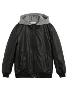 Image of Mango Boys Hooded Faux Leather Jacket - Black