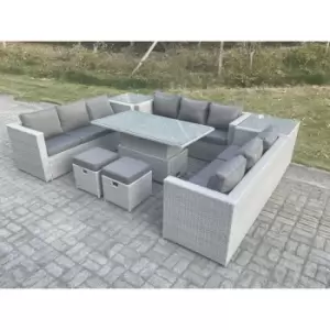 Image of Fimous 9 Seater Outdoor Dark Grey Rattan Lounge Complete Sofa Set with Adjustable Dining Table, 2 Side Tables and 2 Stools
