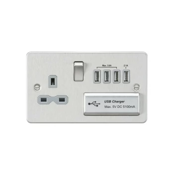 Image of Flat plate 13A switched socket with quad USB charger - brushed chrome with grey insert - Knightsbridge