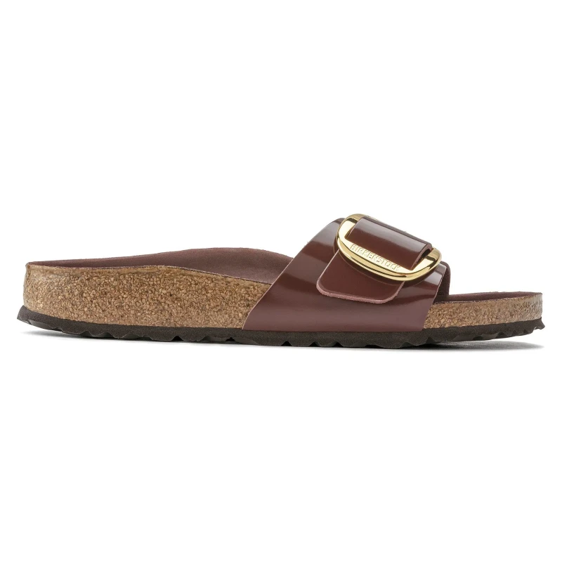 Image of Birkenstock Womens mules Birkenstock Madrid Big Buckle Natural Leather Patent Marron Female 39