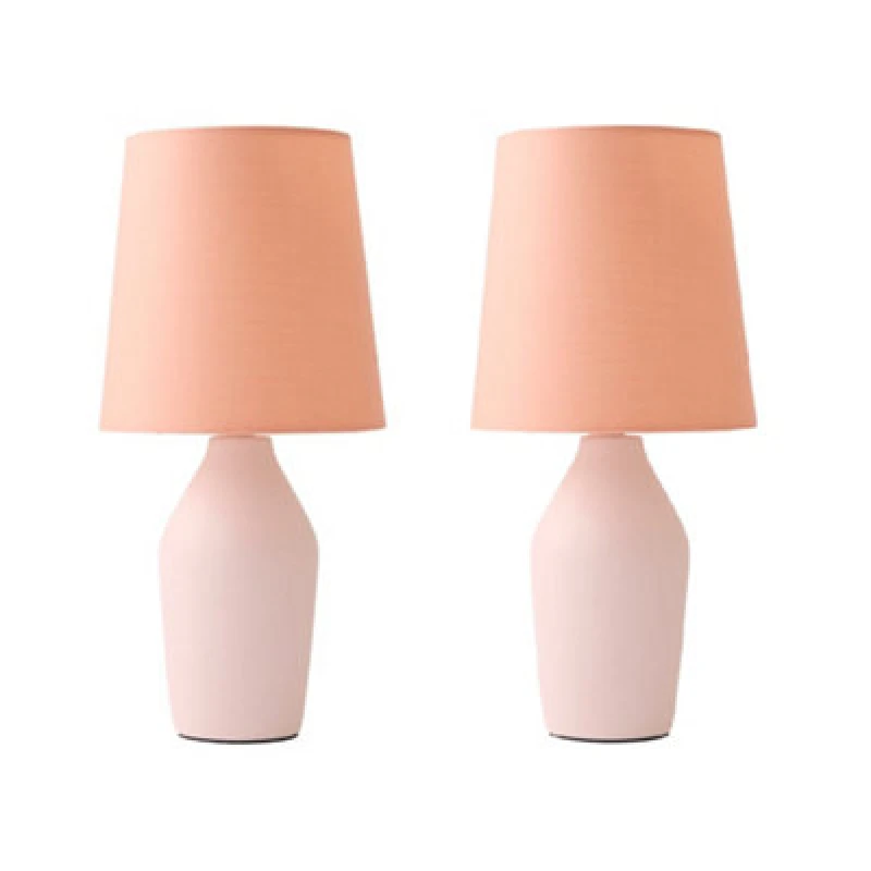Image of ValueLights Arlo Pair of Compact Ceramic Table Lamps with Fabric Shades Pink