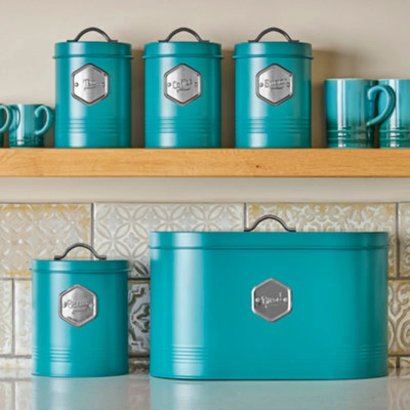Image of Cooks Professional 5 Piece Tea Coffee Sugar Bread & Biscuit Cannister Set - Labelled Kitchen Storage Tins - Teal & Silver