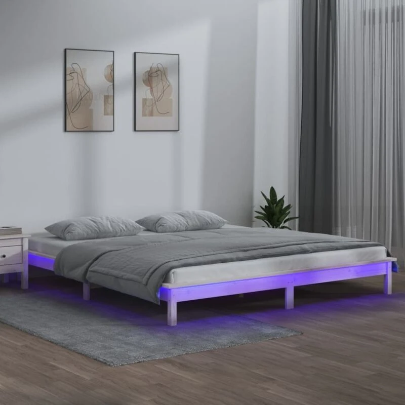 Image of vidaXL LED Bed Frame White 200x200cm Solid Wood, White 820627