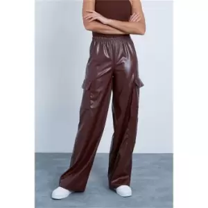 Image of I Saw It First Chocolate Pu Cargo Wide Leg Joggers - Brown