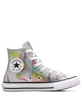 Image of Converse Chuck Taylor All Star Younger Girls Prism Glitter Hi Tops Trainers, Silver, Size 11 Younger
