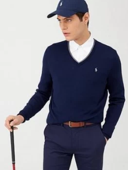 Image of Polo Ralph Lauren Golf V-Neck Contrast Trim Knitted Jumper - Navy