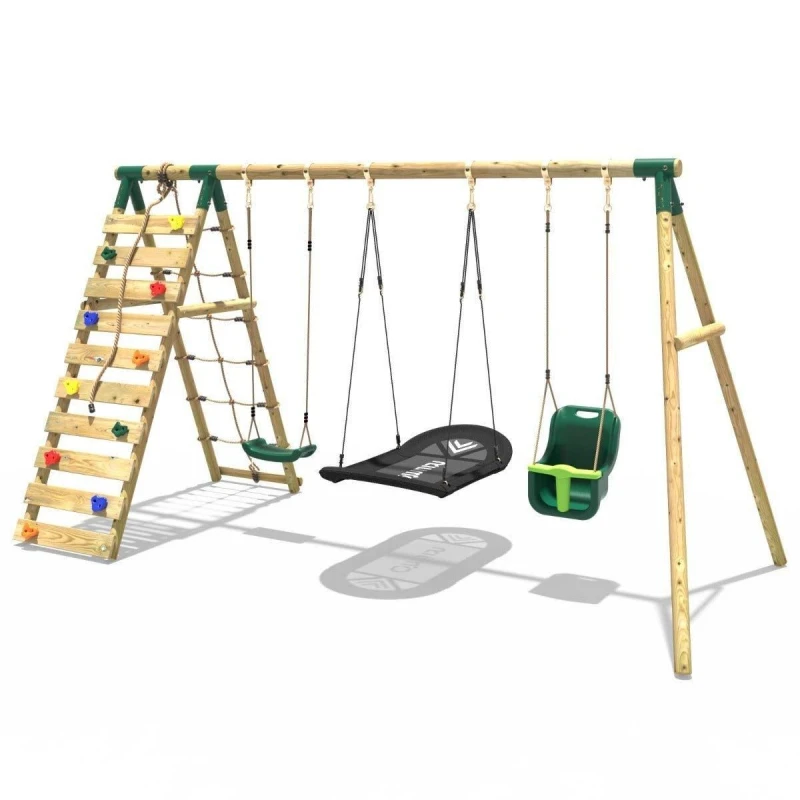 Image of Rebo Wooden Swing Set with Baby Seat, Boat Swing and Climbing Wall - Skye Green Green