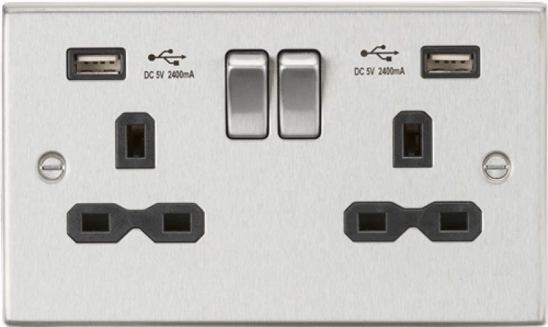 Image of KnightsBridge 13A 2G Square Edge switched socket with dual USB charger A + A (2.4A) - Brushed chrome, Black insert CS9224BC