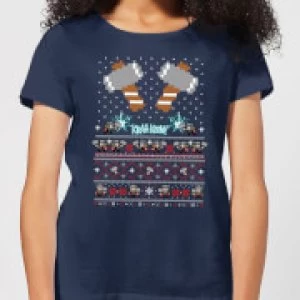 Image of Marvel Avengers Thor Pixel Art Womens Christmas T-Shirt - Navy - S