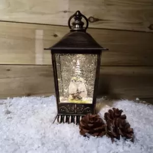 Image of 28cm Snowtime Christmas Water Spinner Antique Effect Lantern With 2 Owls Scene Dual Power