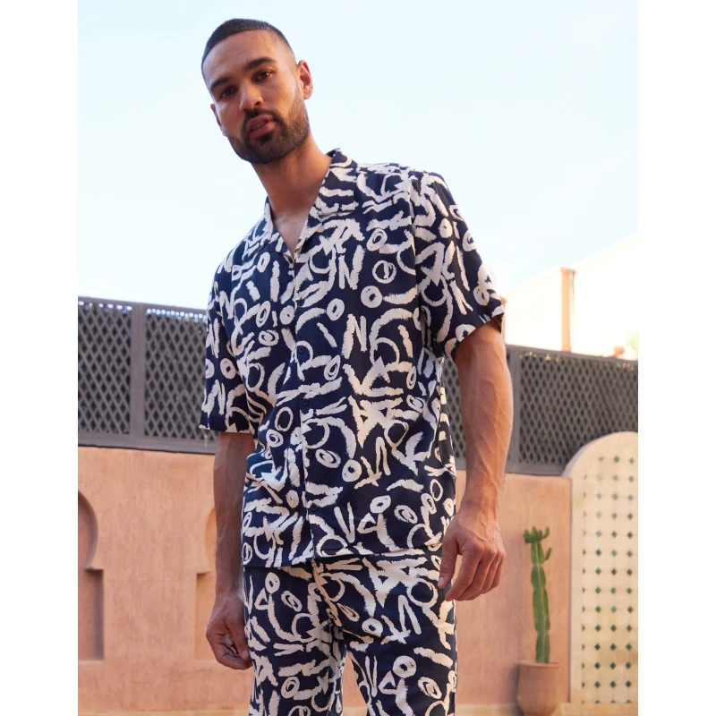 Image of Threadbare Mens Langdale Short-Sleeve Patterned Shirt Navy male 2X Large