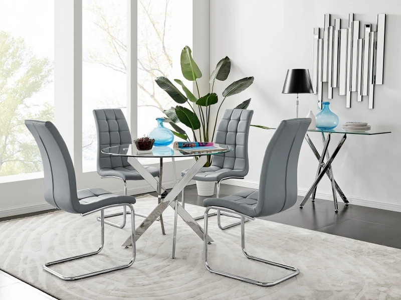 Image of FurnitureboxUK FurnitureboxUK Novara Chrome Metal 100cm Round Glass Dining Table And 4 Murano Dining Chairs in Grey Grey One Size Unisex 5056542641053