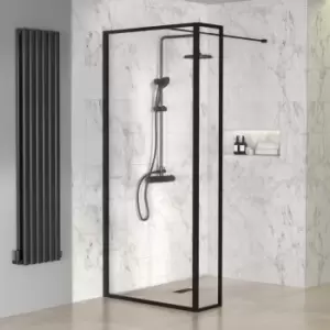 Image of Black 800mm Framed Wet Room Shower Screen with Wall Support Bar & Return Panel - Zolla