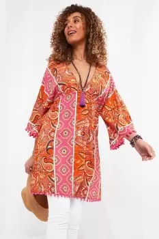 Image of Pom Pom Trim Kimono Sleeve Tiered Hem Kaftan Tunic Dress