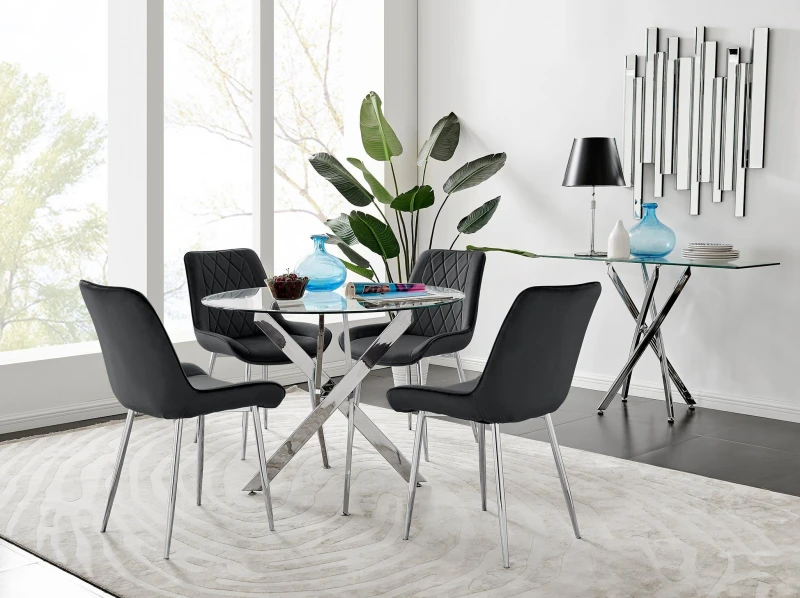 Image of FurnitureboxUK Novara Clear Tempered Glass 100cm Round Dining Table with Chrome Starburst Legs & 4 Pesaro Velvet Silver Leg Chairs in Black Unis