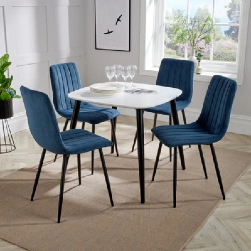 Image of Core Products Aspen White 80Cm Square Dining Table With 4 Blue Cord Fabric Diamond Stitch Design Chairs
