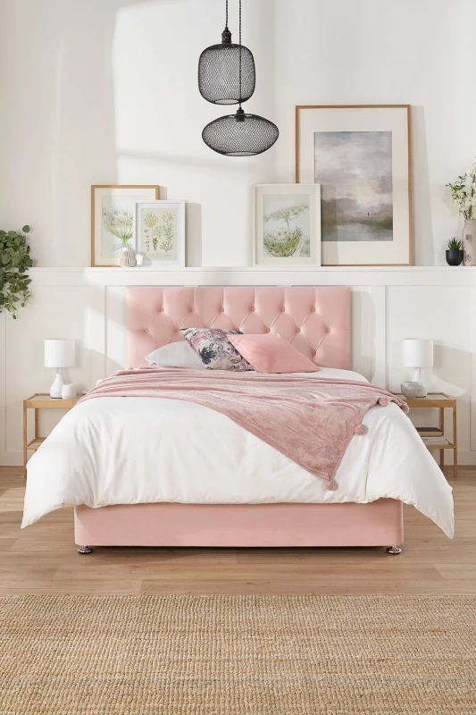 Image of Aspire Aspire Olivier Divan and Hybrid Memory Pocket Mattress, Plush Fabric, Strutted Headboard, No Drawers Rose