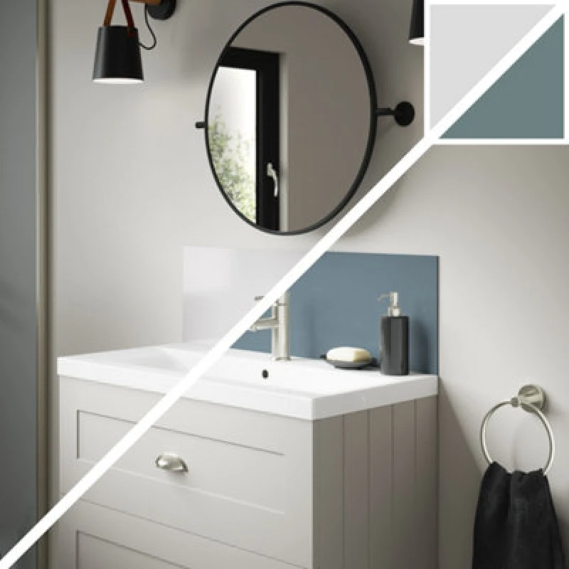 Image of Splashwall Alloy Laminate Adhesive Double-Sided Bathroom Splashback (H)25Cm (W)80Cm - Gloss Glacier White & Neptune Blue Glass Effect