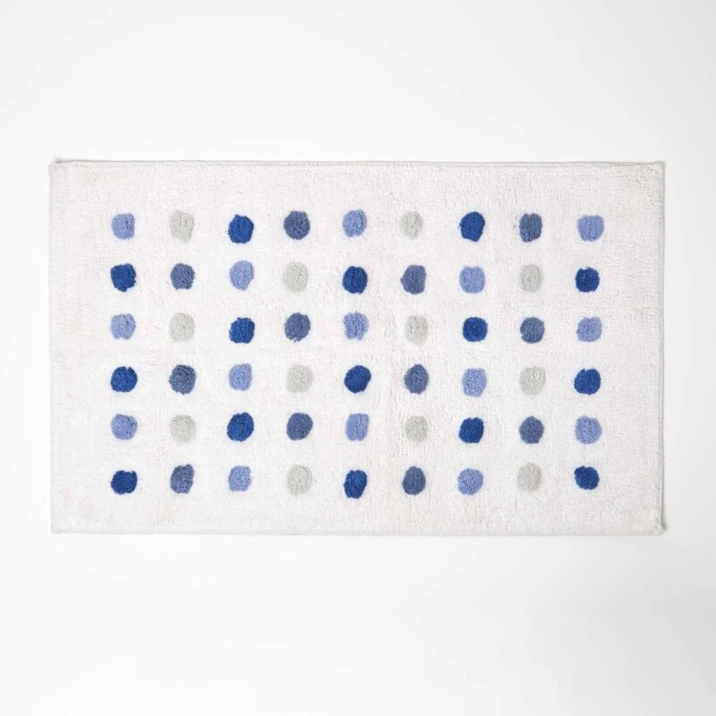 Image of Homescapes 100% Cotton Bath Mat Tufted Polka Dot Design Blue