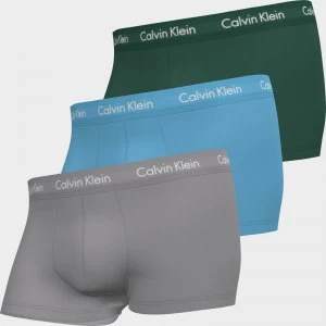 Image of Calvin Klein Mens Cotton Stretch Low Rise 3 Pack Trunks with Contrast Waistband - Jade Sea/Sky High/Sleek Silver - L