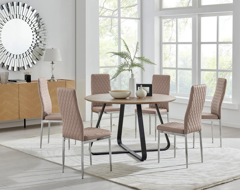 Image of FurnitureboxUK FurnitureboxUK Santorini Brown Wood Effect Dining Table & 6 Milan Chrome Leg Chairs in Beige Beige One Size Unisex 5056657123994