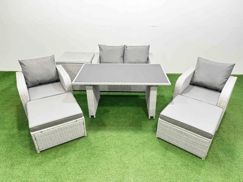 Image of Fimous Outdoor Rattan Garden Furniture Dining Set 6-Seater Reclining Chair Set With Side Table 2 Big Stools