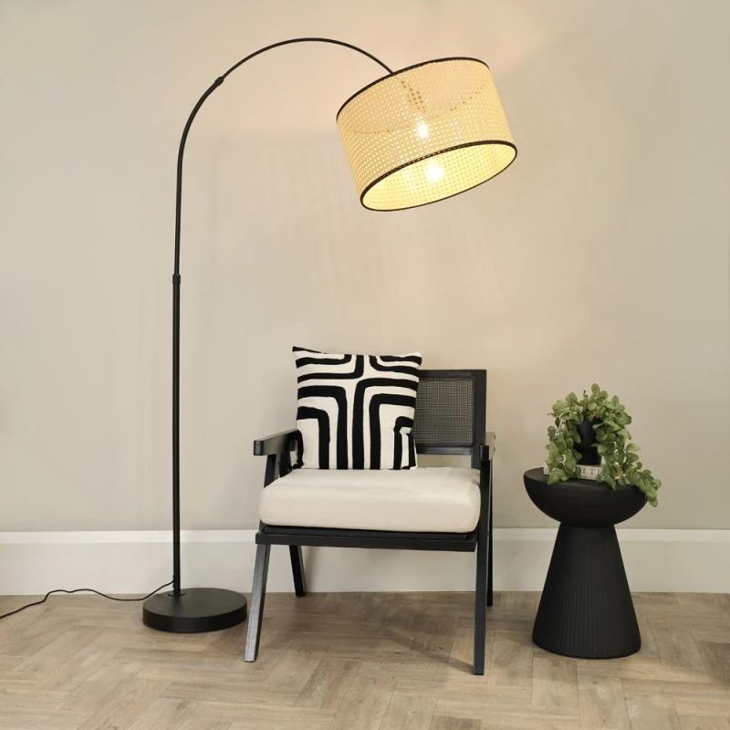 Image of ValueLights Louis Black Arched Curved Floor Lamp with Natural Cane Drum Lamp Shade and Bulb Natural