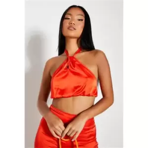 Image of I Saw It First Bright Orange Petite Satin Twist Detail Halter Neck Crop Top - Orange