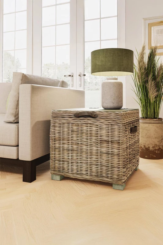 Image of FWStyle FWStyle Kubu Rattan Lift Up Greywash Pine Storage Side Table Ready Assembled Brown