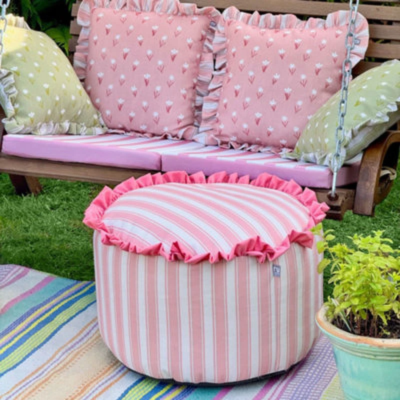 Image of rucomfy Beanbags rucomfy Frilled Striped Pouffe Beanbag - Dusky Pink 103-STR-POU-DP
