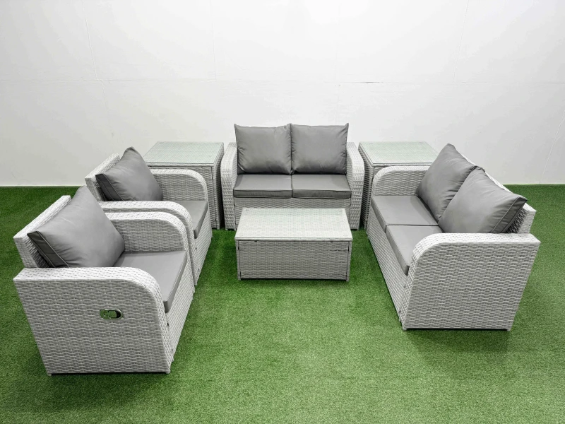 Image of Fimous 6 Seater Outdoor Reclining Chair Love Sofa Set Rattan Garden Furniture Set with Rectangular Coffee Table 2 Side Tables Light Grey Light Grey