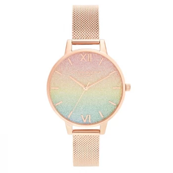 Image of Olivia Burton Womens Rainbow Rainbow Glitter Dial Watch - Rose Gold Mesh