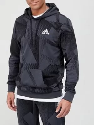 Image of adidas Badge Of Sport Graphic All Over Print Hoodie, Grey/Black Size M Men
