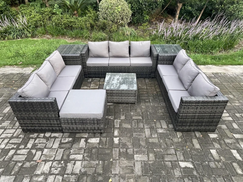 Image of Fimous Outdoor Rattan Garden Furniture Set 10 Seater Patio Lounge Sofa Set with 2 Side Tables Square Coffee Table Big Footstool Dark Grey